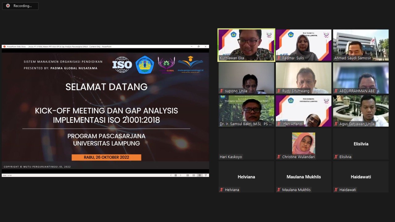 <strong>Kick Off Meeting dan GAP Analysis Implementasi ISO 21001:2018 Pascasarjana Universitas Lampung</strong>