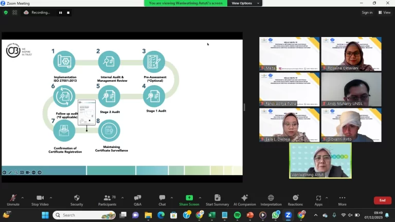 WEBINAR NASIONAL : PENTINGNYA IMPLEMENTASI DAN SERTIFIKASI ISO 27001:2022 SERTA INDEKS KAMI BSSN UNTUK PENINGKATAN REPUTASI KEAMANAN INFORMASI INSTANSI PEMERINTAH, SWASTA DAN PERGURUAN TINGGI
