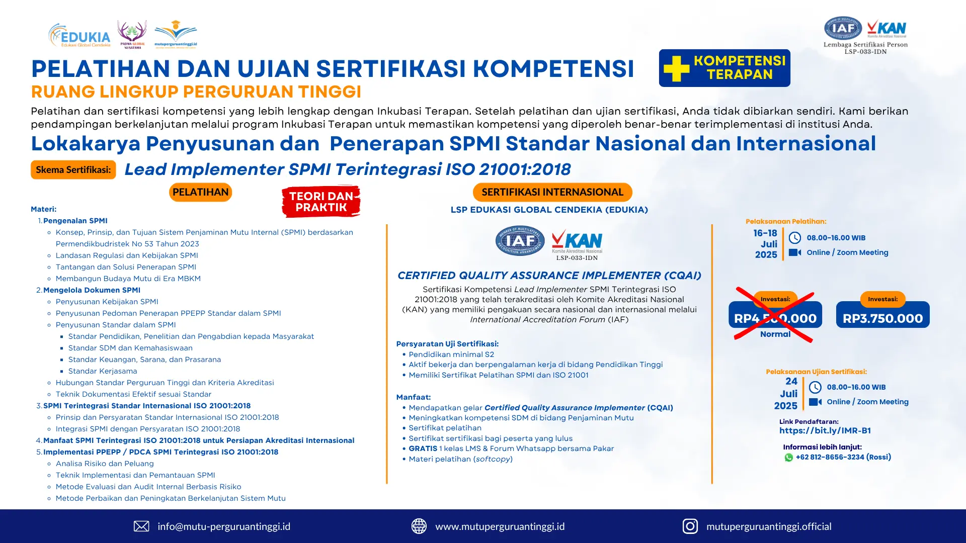 Pelatihan dan Ujian Sertifikasi Kompetensi – Lead Implementer SPMI Terintegrasi ISO 21001:2018 – BATCH 1