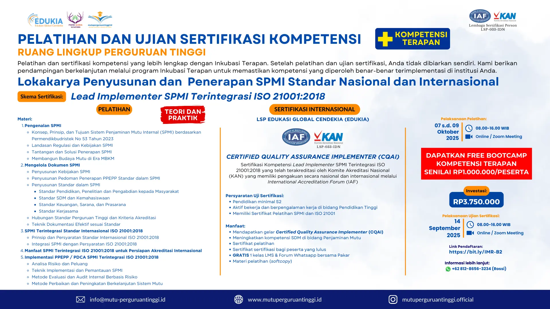 Pelatihan dan Ujian Sertifikasi Kompetensi – Lead Implementer SPMI Terintegrasi ISO 21001:2018 – Oktober 2025
