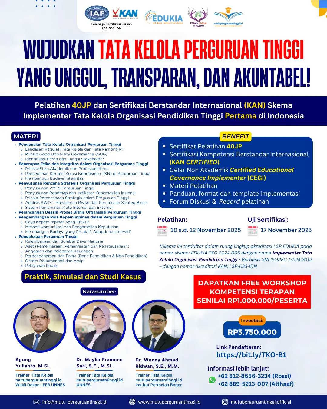 Pelatihan dan Ujian Sertifikasi Kompetensi – Tata Kelola Organisasi Perguruan Tinggi – BATCH 1
