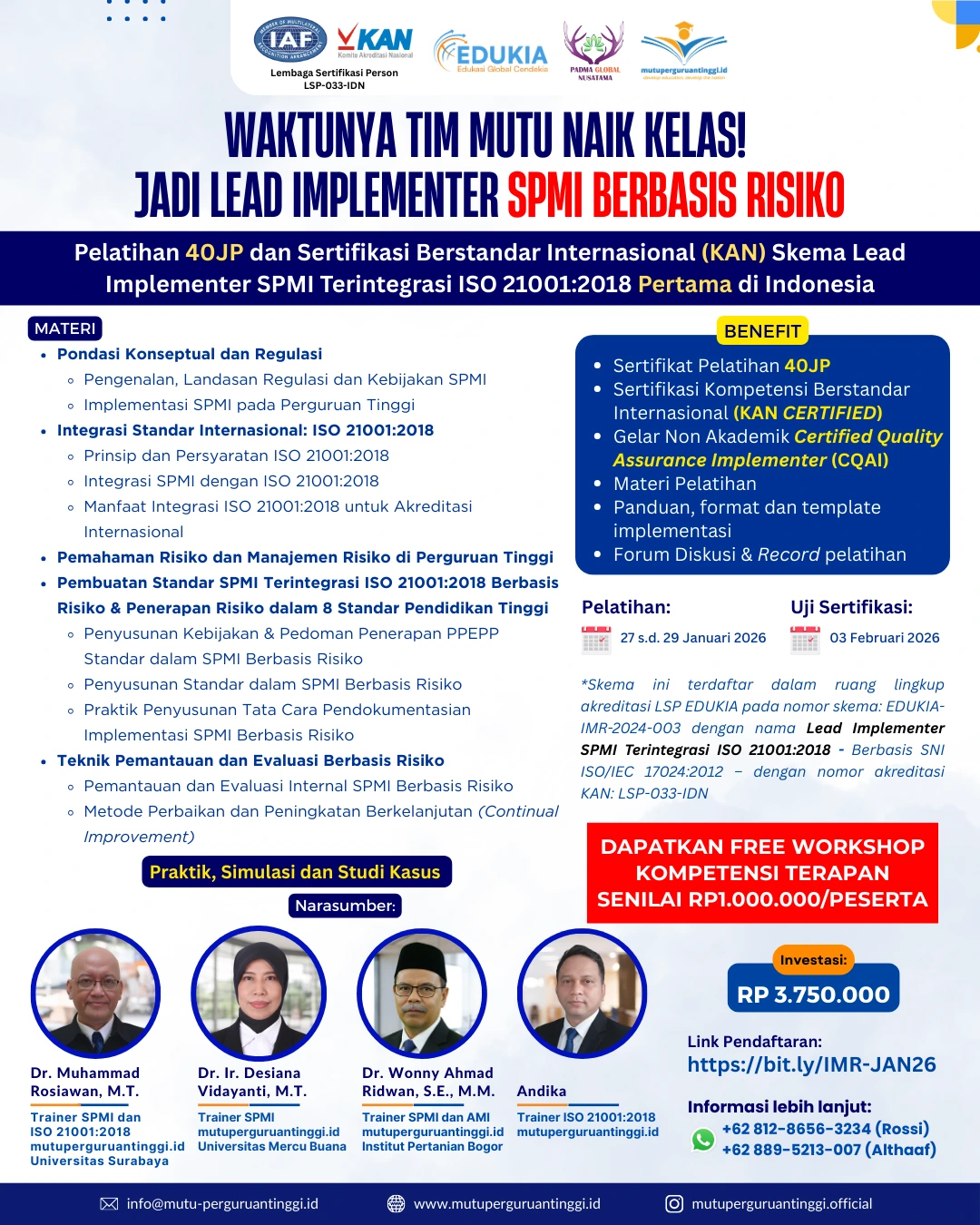 Pelatihan dan Serkom Lead Implementer SPMI Terintegrasi ISO 21001:2018-Januari 2026