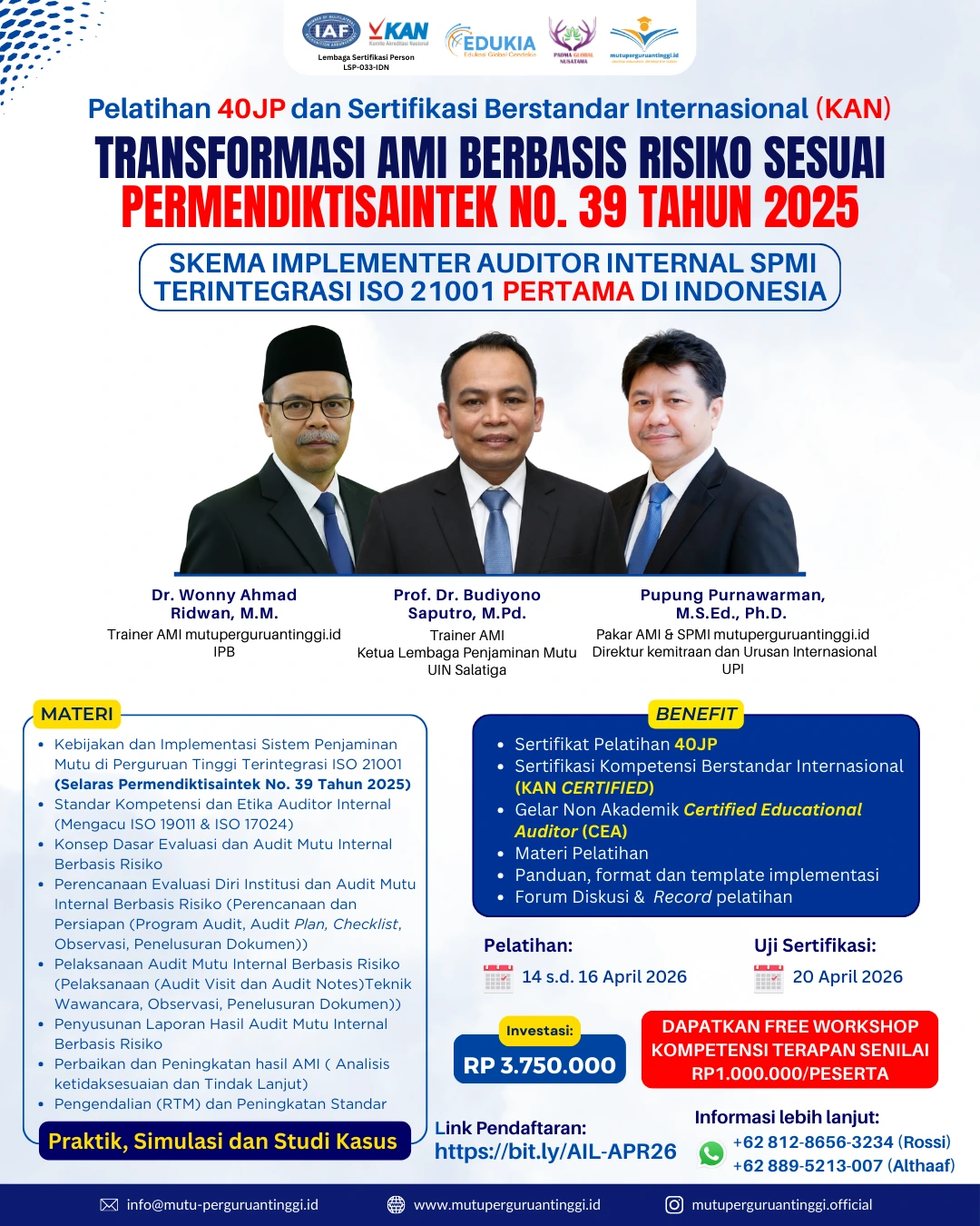 Pelatihan dan Serkom Implementer Auditor Internal SPMI Terintegrasi ISO 21001-APRIL 2026