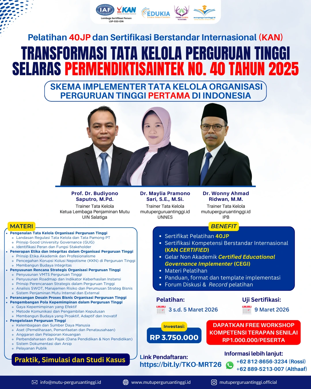 Pelatihan dan Serkom Implementer Auditor Internal SPMI Terintegrasi ISO 21001-APRIL 2026