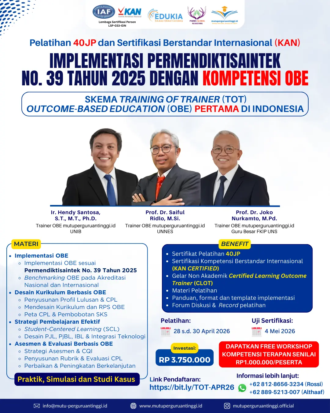 Pelatihan dan Serkom Training of Trainer (ToT) Outcome-Based Education-April 2026