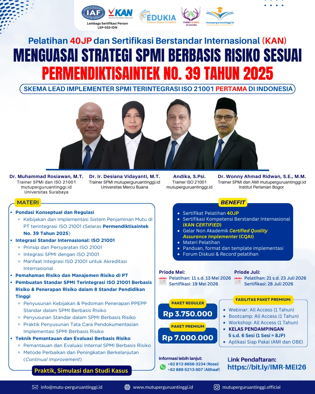 Pelatihan dan Serkom Lead Implementer SPMI Terintegrasi ISO 21001:2018-Mei 2026