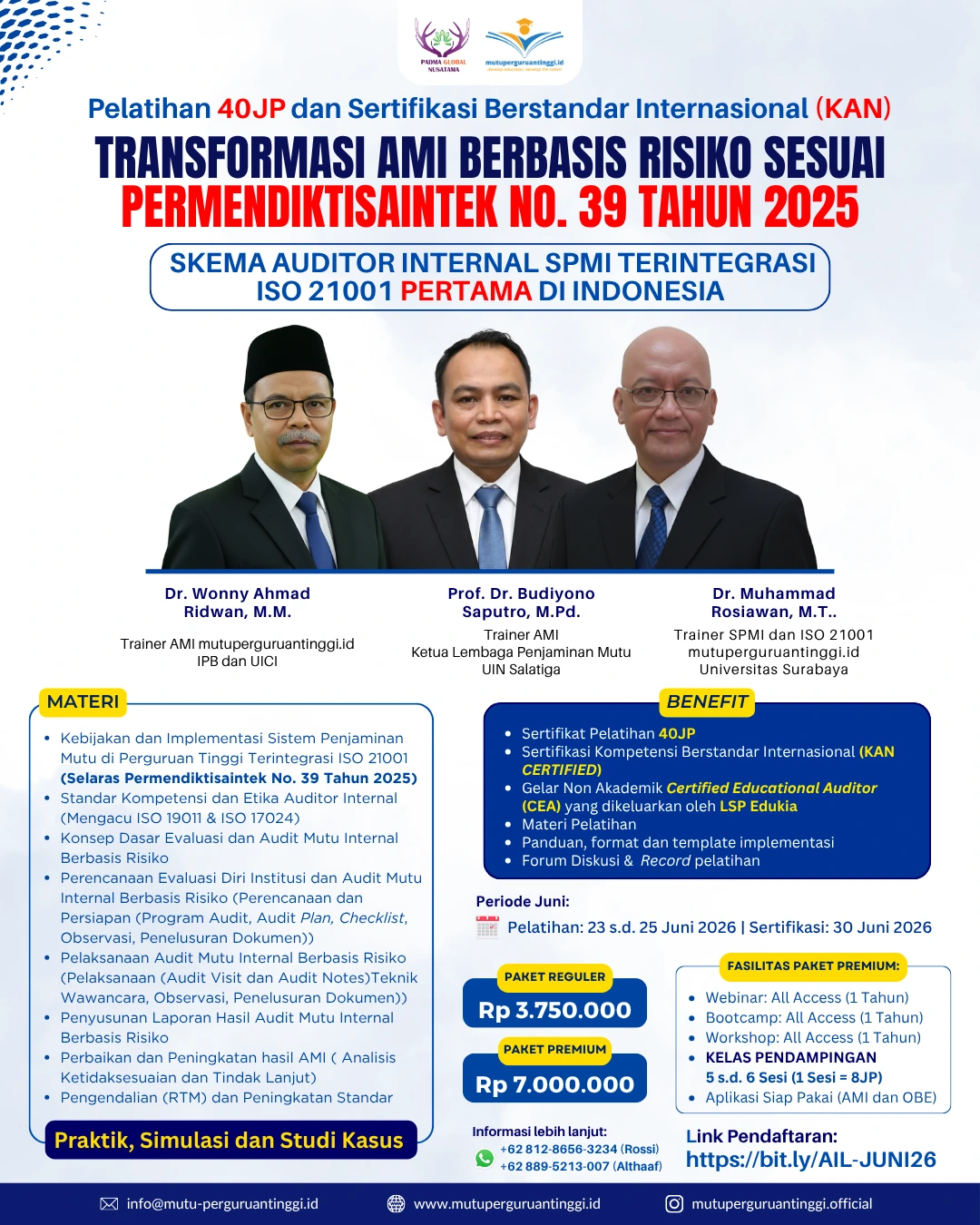 Pelatihan dan Serkom Implementer Auditor Internal SPMI Terintegrasi ISO 21001-Juni 2026