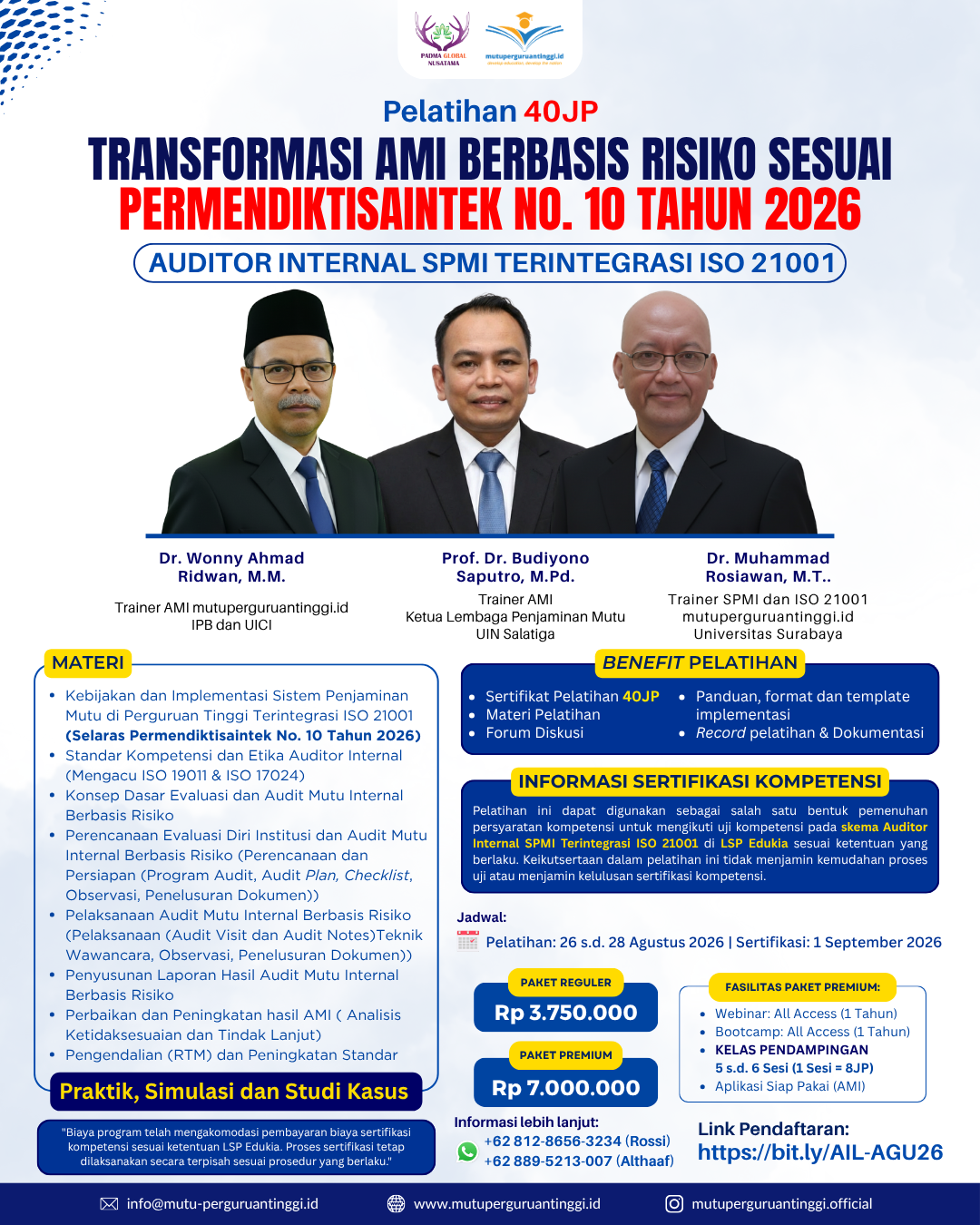 Pelatihan 40JP-Auditor Internal SPMI Terintegrasi ISO 21001-Agustus 2026