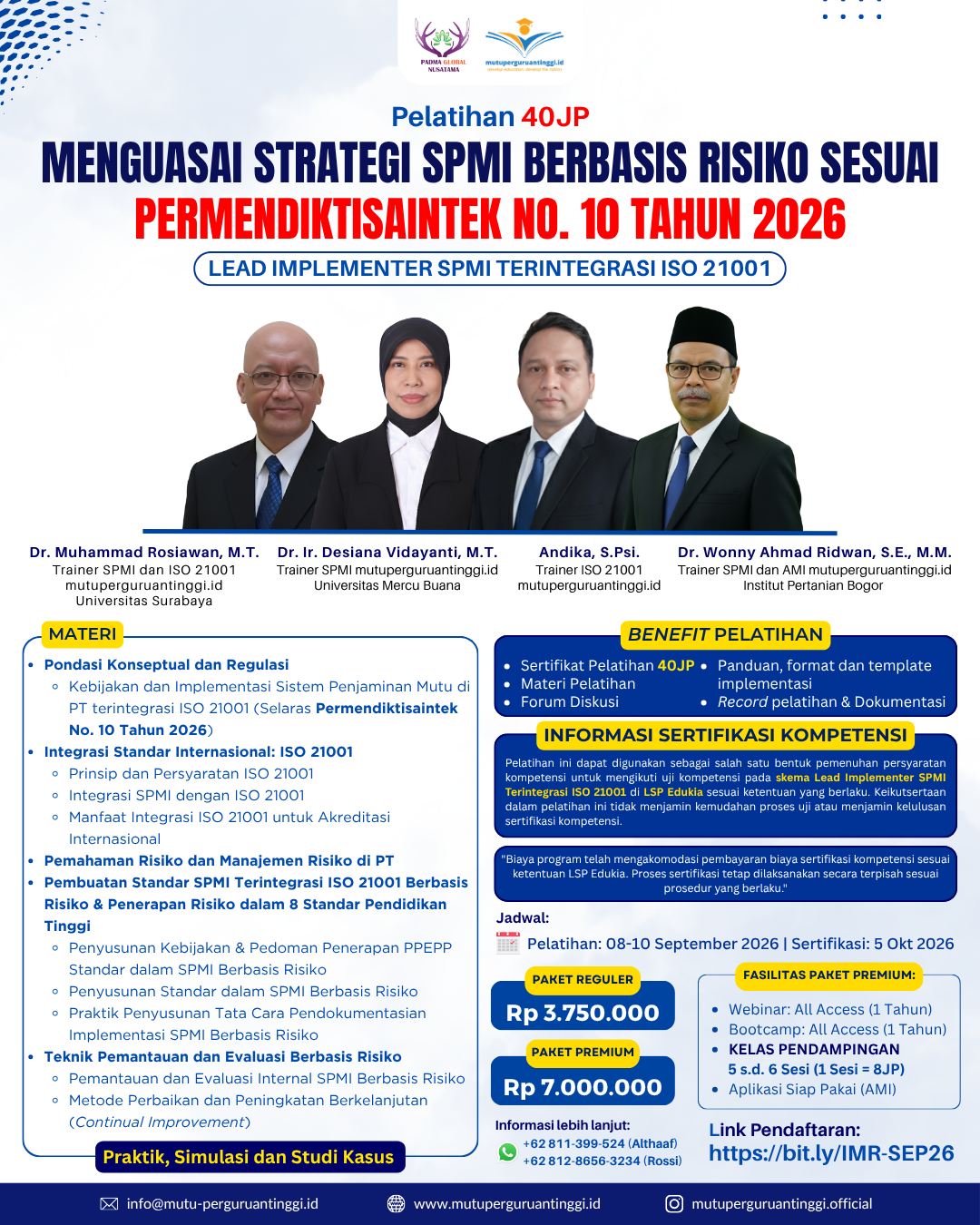 Pelatihan 40JP-Lead Implementer SPMI Terintegrasi ISO 21001-September 2026